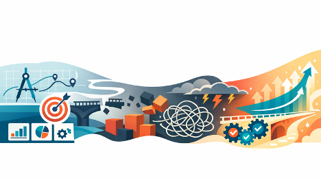 Business transformation journey illustrated as a path moving from strategic planning tools and analytics on the left, through challenges and complexity in the center, to growth, innovation, and success on the right.